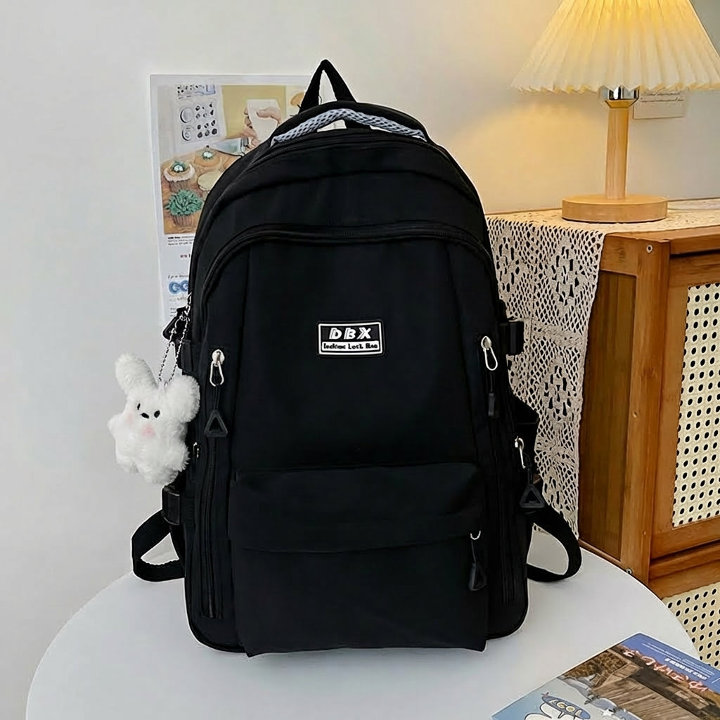 Lightweight Casual Fashionable Waterproof College University Backpack With Cute Plush Keychain