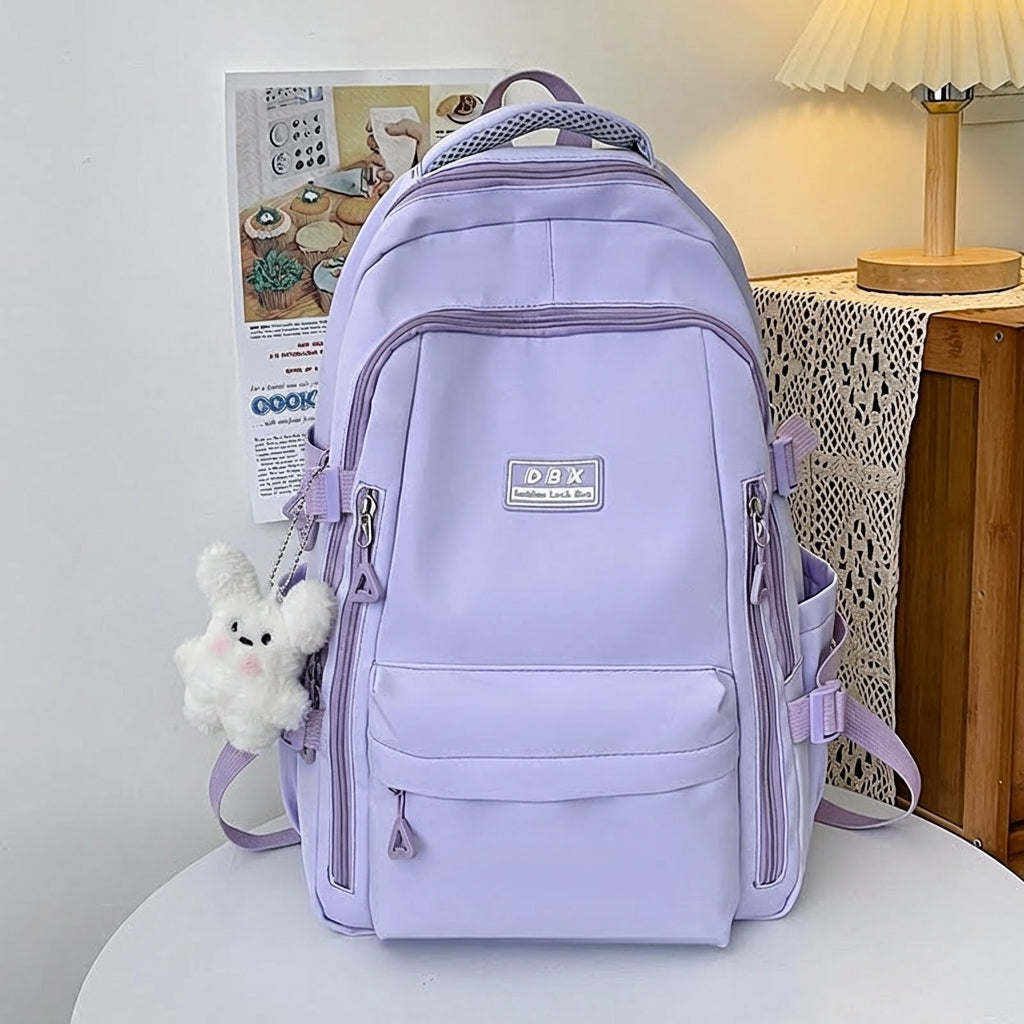 Lightweight Casual Fashionable Waterproof College University Backpack With Cute Plush Keychain
