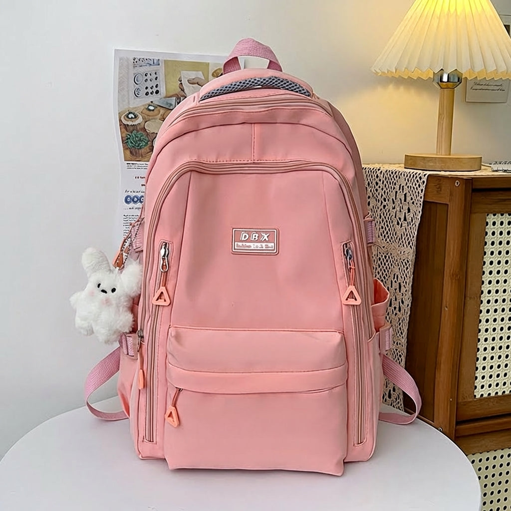 Lightweight Casual Fashionable Waterproof College University Backpack With Cute Plush Keychain