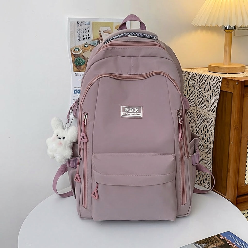 Lightweight Casual Fashionable Waterproof College University Backpack With Cute Plush Keychain